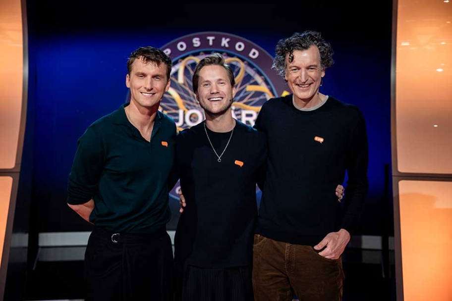 Postkodmiljonären, pressbild med Viktor Frisk, Carl Hedin och Rickard Bracken