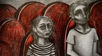 Far och dotter i en biosalong, teckning i röda och svarta toner. Pappan gråter.
